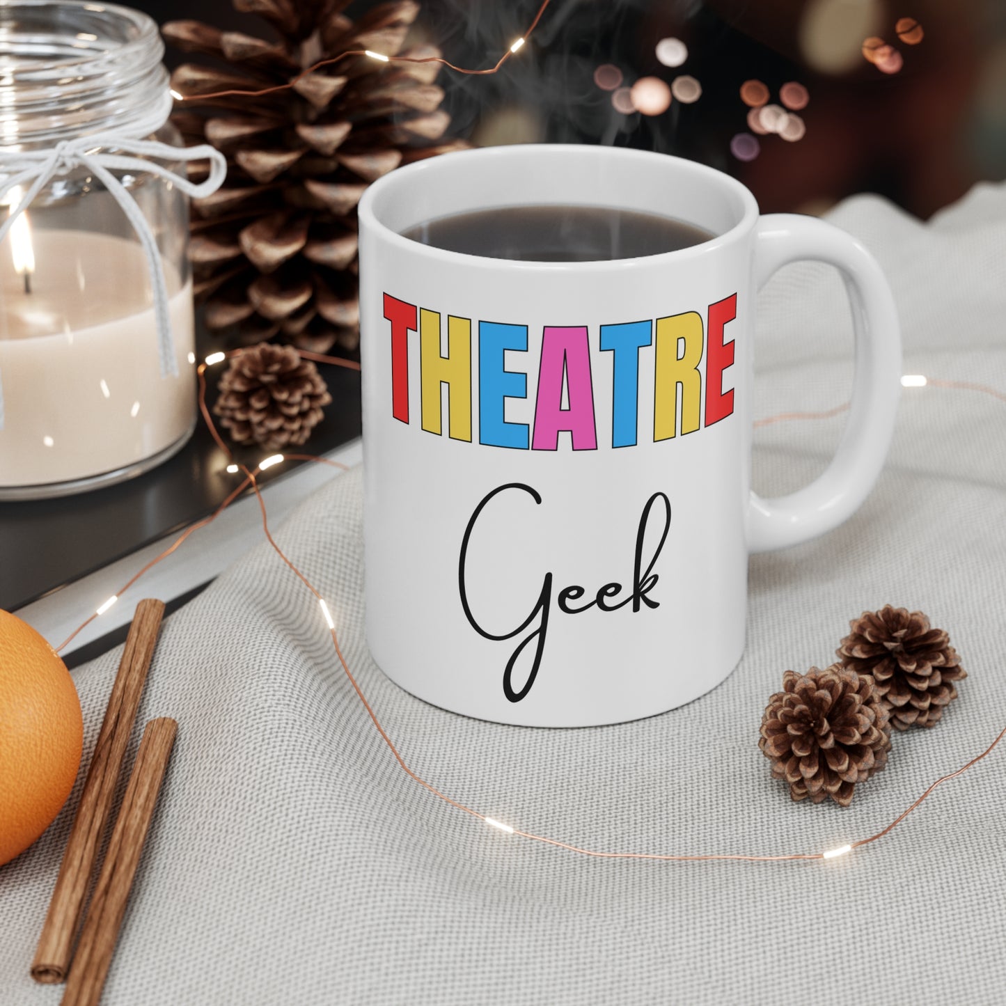 Theatre Geek Mug – Colourful Block Letters Coffee Cup, 11oz Drama Lover Gift