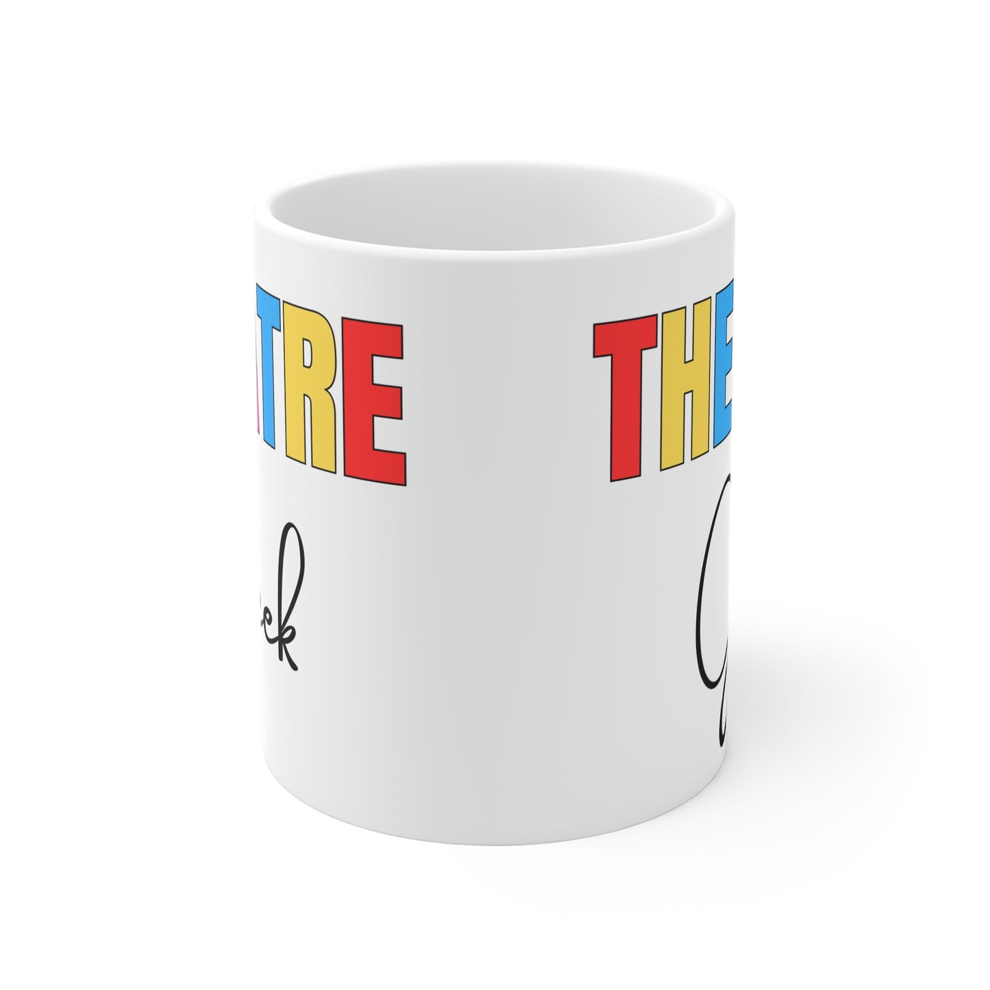 Theatre Geek Mug – Colourful Block Letters Coffee Cup, 11oz Drama Lover Gift